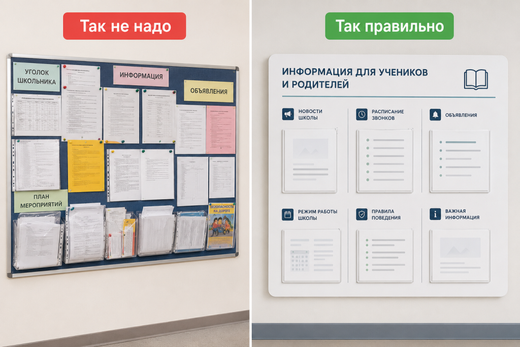 Сравнение неправильного и правильного оформления школьного информационного стенда