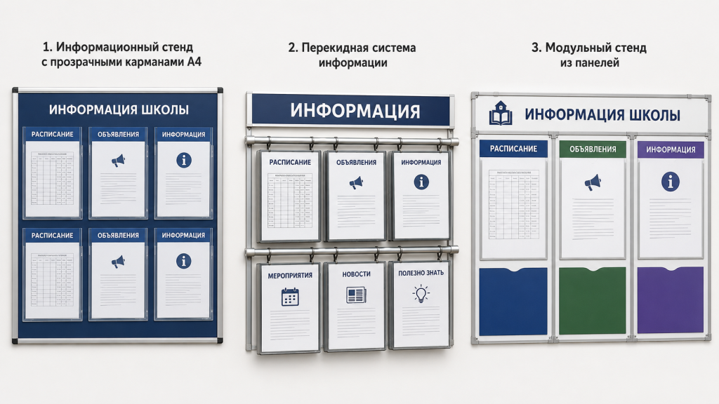 Образцы информационных стендов для школы с карманами и модульными панелями